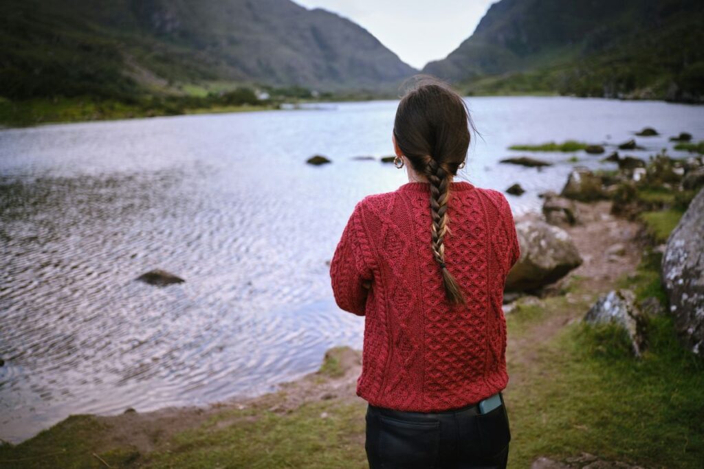 girl aran sweater ireland lake